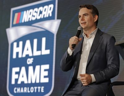 Jeff Gordon speaks to the media after being named to the 2019 class of the NASCAR Hall of Fame, in Charlotte, N.C., Wednesday, May 23, 2018. (Chuck Burton / Associated Press)