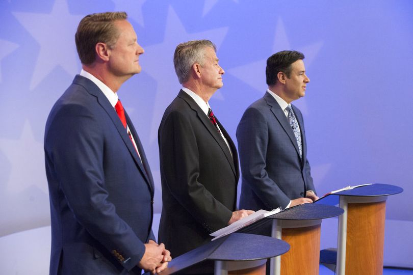 From left, Tommy Ahlquist, Brad Little and Raul Labrador debate on Monday night, April 23, 2018, in the 