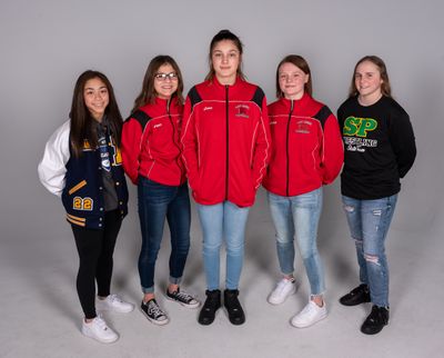 2020 All-GSL girls wrestling (from left): Kelsey Loeun (Mead), Kendra Perez (North Central), Kilee Callaghan (North Central), Abby Piper (North Central), Alisha Stewart (Shadle Park). On Wednesday Idaho approved a girls wrestling state tournament.   (COLIN MULVANY)