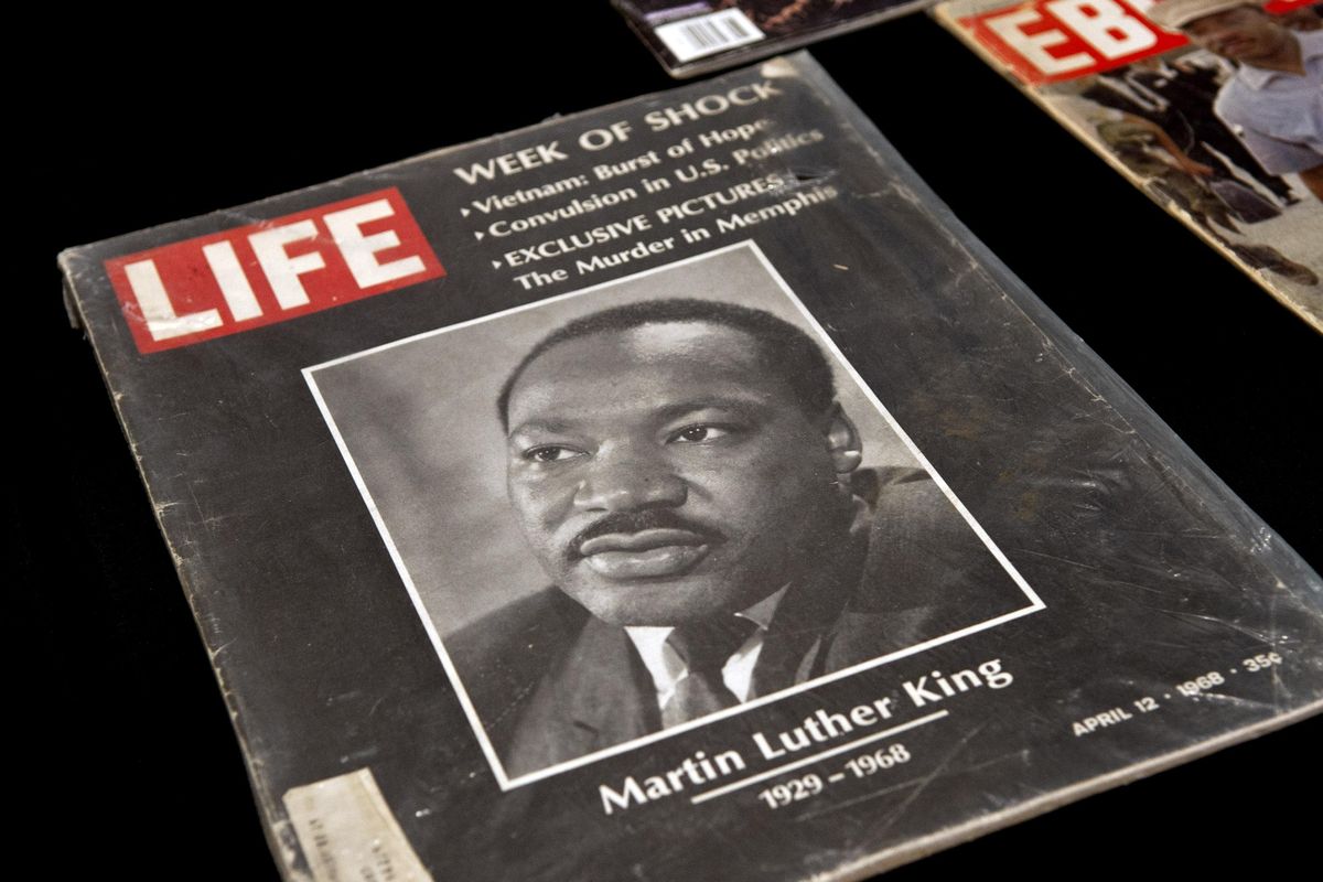 A Life magazine with the story of the murder of Martin Luther King is one of the items in the Black History 101 Mobile Museum at Whitworth University on Tuesday, Jan. 15, 2019. (Kathy Plonka / The Spokesman-Review)