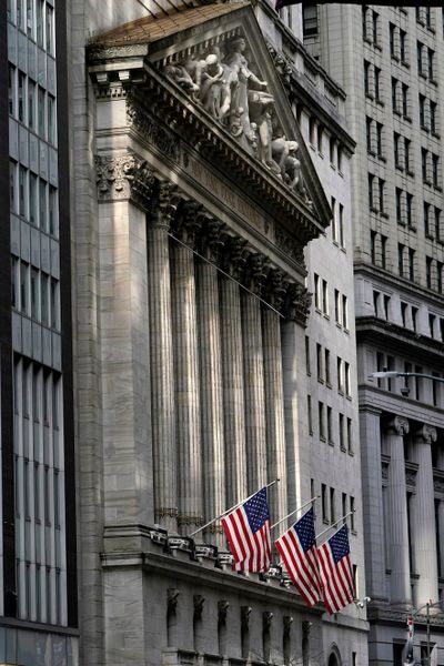 The New York Stock Exchange is shown on Nov. 23, 2020. Stocks fell in afternoon trading on Wall Street Monday.  (Associated Press )