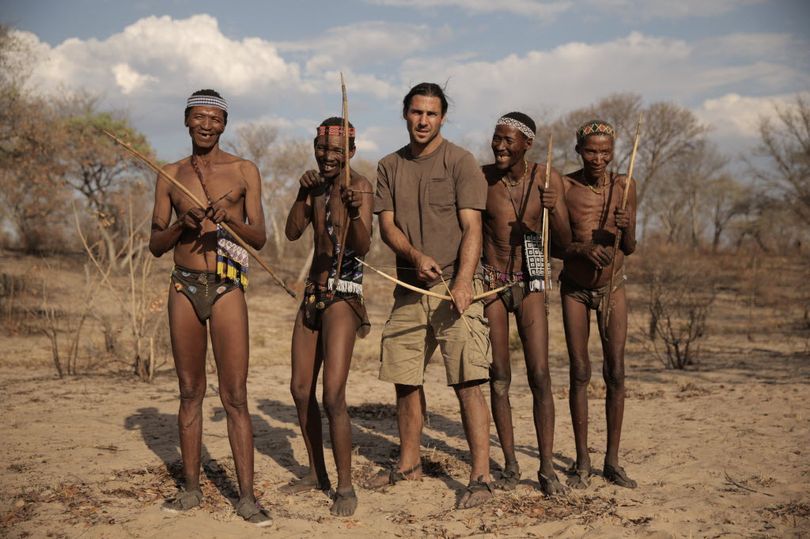 Location: Nhoma Village, Namibia, South Africa: Hazen, Touka, Mosse, Joseph and Jonas with bow and arrows. (Jackie Forster / National Geographic Channels)