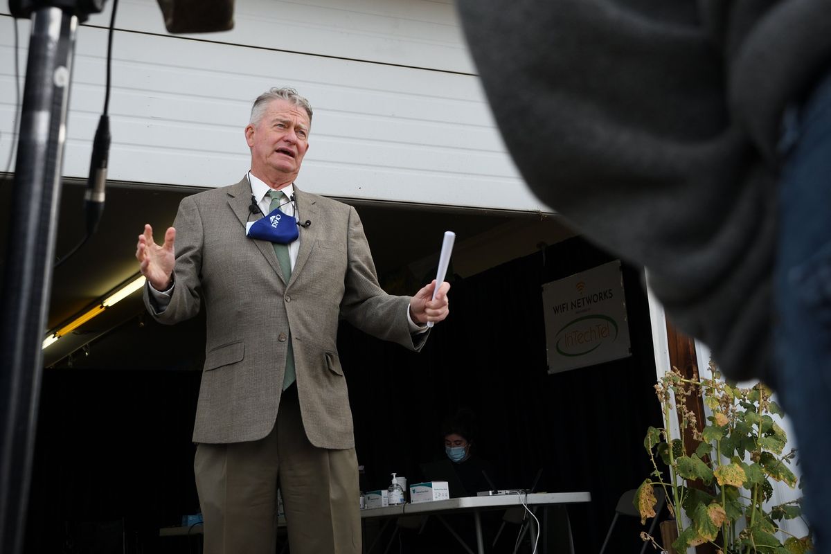 Idaho Gov. Brad Little speaks Sept. 29 at the antibody treatment site at the Kootenai County Fairgrounds in Coeur d’Alene. Little is asking for $250,000 to launch project “Operation Esto Perpetua,” an initiative aiming to fight fentanyl and other drugs in the state.  (COLIN TIERNAN/THE SPOKESMAN-REVIEW)
