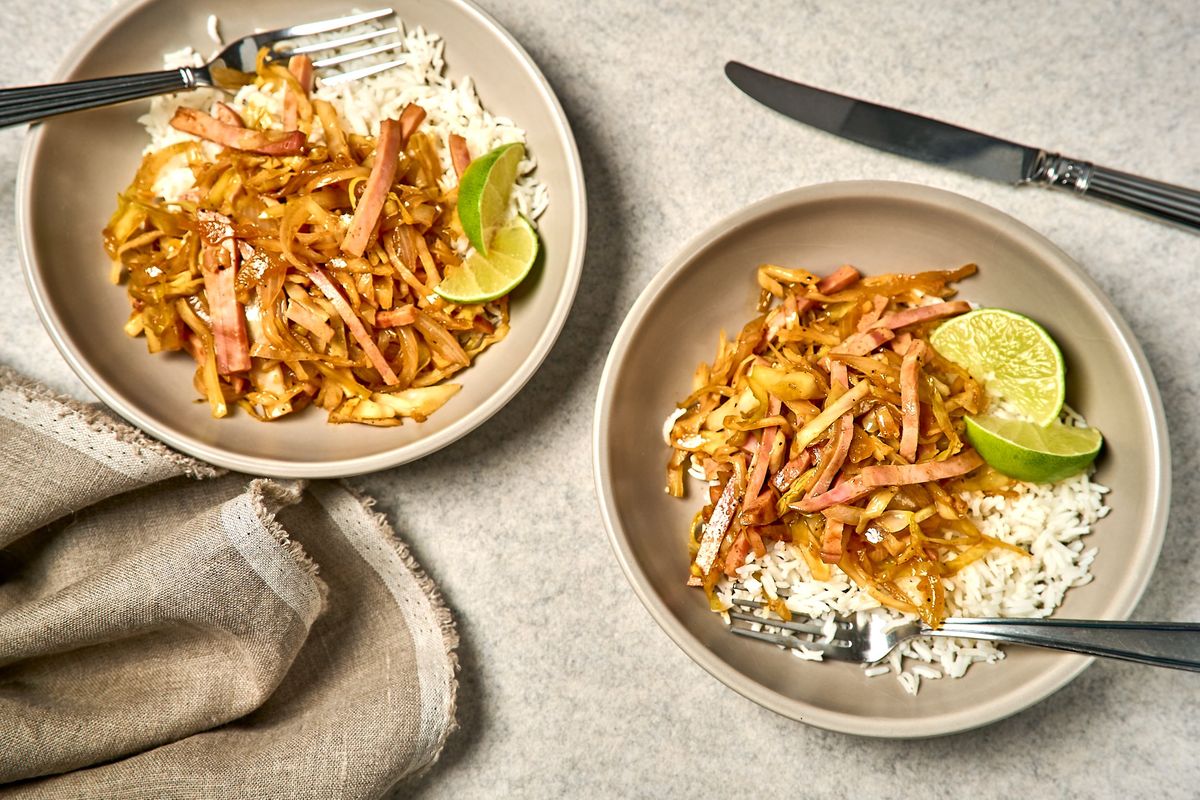 Hoisin sauce is the star of this ham and cabbage stir-fry.  (Peggy Cormary for The Washington Post/Food styling by Lisa Cherkasky for The Washington Post)