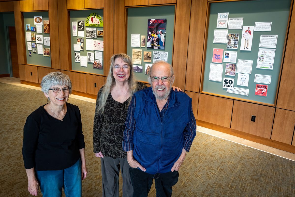 Former 2nd City business owners Judy Hamel, left, founder of the Children’s Corner Bookshop, and Billie Moreland with her husband Steve Simmons, founders of Moreland’s Restaurant and Coffee Co., created an exhibit at the Rockwood  (COLIN MULVANY/THE SPOKESMAN-REVI)