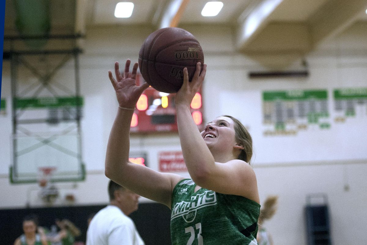 East Valley’s Brie Holecek takes a shot during practice at the school on Monday, Feb.3, 2020. (Kathy Plonka / The Spokesman-Review)