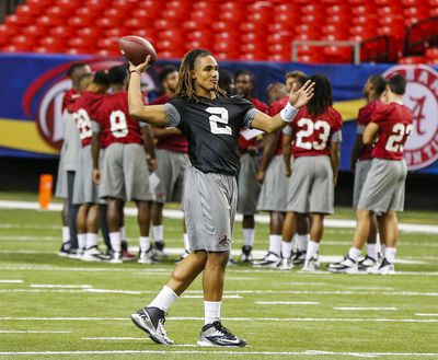 Alabama quarterback Jalen Hurts throws a pass during Friday’s practice for the Southeastern Conference Championship. Alabama plays Florida on Saturday at the Georgia Dome in Atlanta. (Butch Dill / Associated Press)