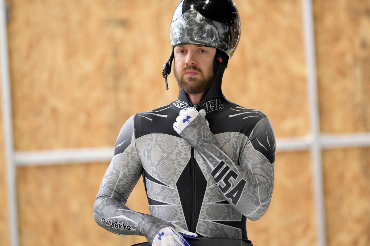 Andrew Blaser prepares for the start of a training run for the men’s World Cup skeleton event in Lake Placid, N.Y., on Dec. 6, 2019.  (Associated Press)