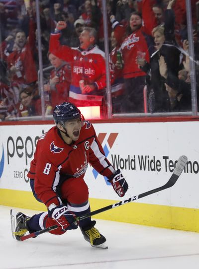 Washington Capitals left wing Alex Ovechkin celebrates his 600th career goal in the second period Monday night in Washington against the Winnipeg Jets. (Alex Brandon / Associated Press)