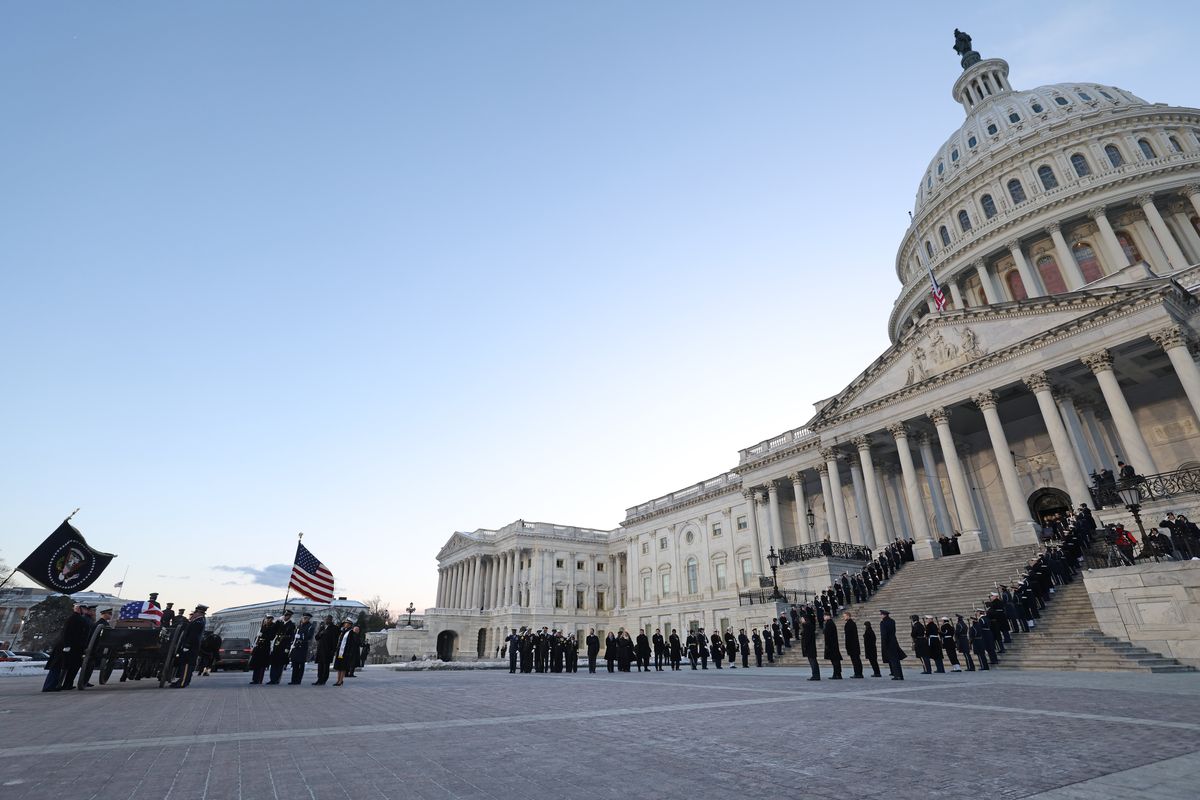 The flag-draped casket of former President Jimmy Carter arrives on a horse-drawn caisson to the U.S. Capitol on Tuesday in Washington, D.C. Carter’s body will lie in state in the Capitol Rotunda until a funeral service at the National Cathedral in Washington on Thursday. Carter, the 39th president of the United States, died at the age of 100 on Dec. 29 at his home in Plains, Ga.  (Getty images)