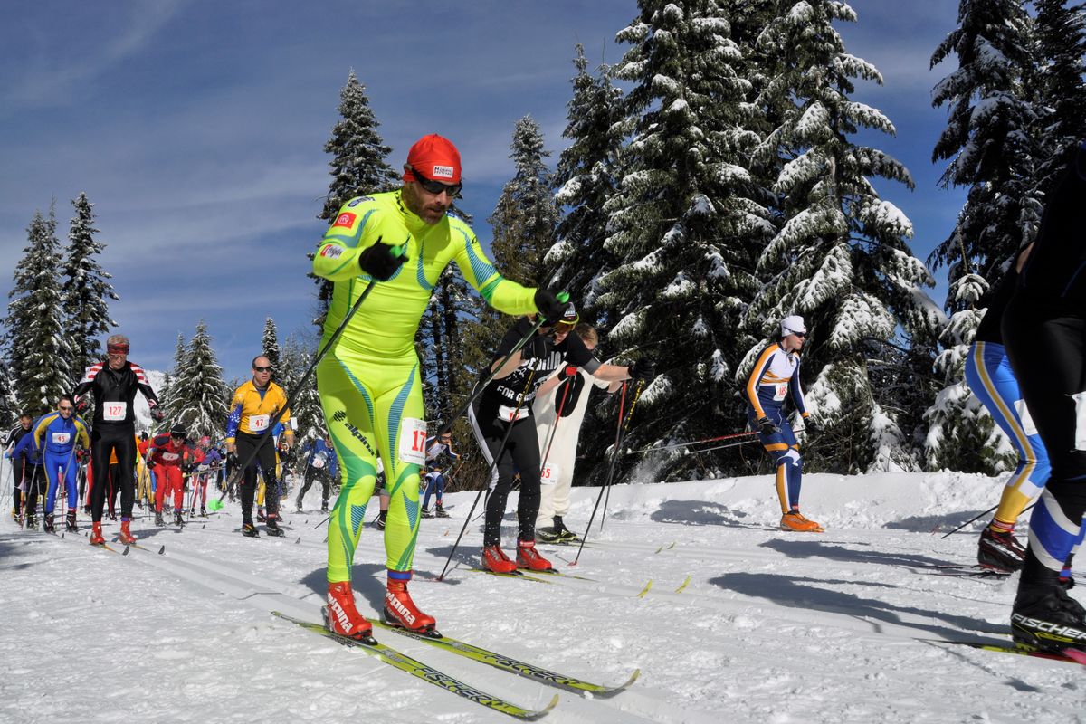 Skiers start the 10-kilometer Spokane Langlauf cross-country ski race at Mount Spokane on Feb. 21, 2016. (Rich Landers)