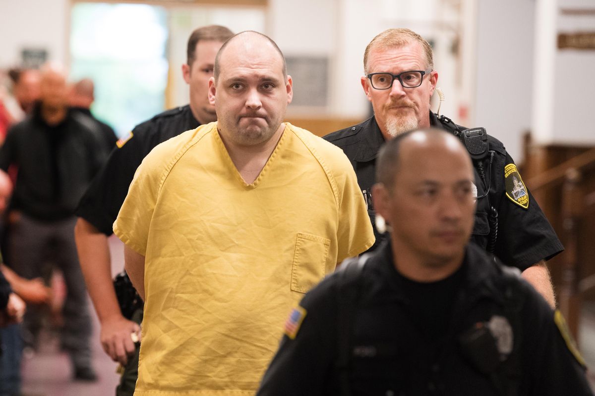 Joshua J. Mobley, 31, is led into court on Friday, Aug. 9, 2019, at the Spokane County Courthouse. Mobley was found guilty on June 26 of second-degree murder for killing 10-month-old Caiden Henry. Mobley was babysitting Henry at the time he suffered multiple injuries that killed him on Feb. 27, 2017. (Tyler Tjomsland / The Spokesman-Review)