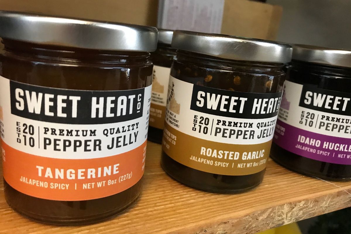 Sweat Heat jellies, including tangerine and roasted garlic, are for sale at the Candle Bar Co., 817 W. Garland Ave. The jams are made by Sweet Heat Co. in Bonners Ferry.  (Jonathan Brunt/The Spokesman-Review)