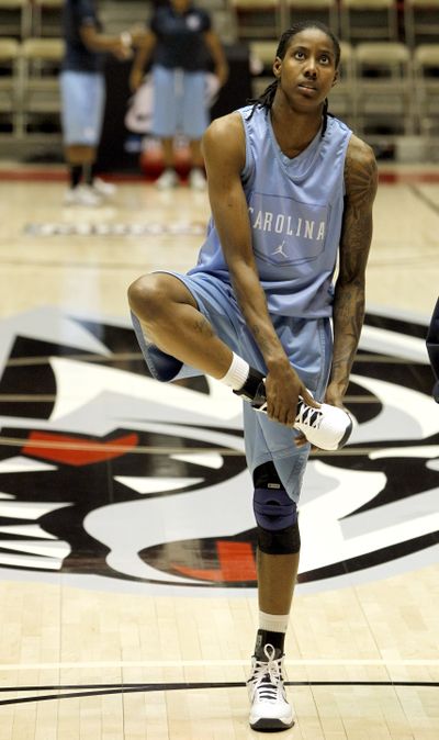 UNC forward Jessica Breland stretches during practice as she readies for NCAA tournament game today. (Associated Press)
