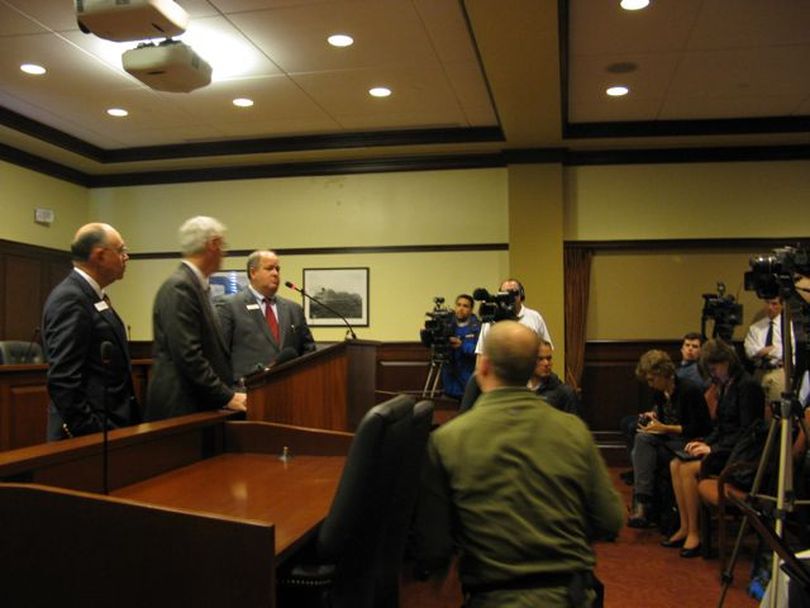 Senate GOP leaders answer questions from reporters Tuesday after announcing that Senate Majority Caucus Chairman John McGee of Caldwell has resigned from the Senate in the wake of allegations of sexual harassment of a female Senate staffer. (Betsy Russell)