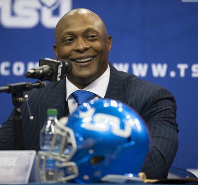 New Tennessee State University NCAA college football head coach Eddie George smiles during a press conference in Nashville, Tuesday, April 13, 2021.  (Associated Press)