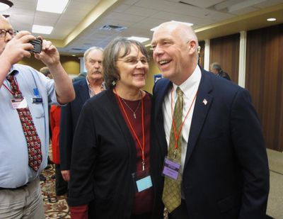 Greg Gianforte, right, receives congratulations from a supporter on Monday, March 6, 2017, in Helena after winning the Republican nomination for Montana’s special election for U.S. House. The technology entrepreneur will face Democratic nominee Rob Quist and Libertarian Mark Wicks in the May 25 election. (Matt Volz / Associated Press)