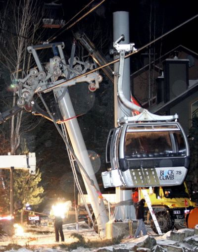 Crews work at the scene after a gondola support tower partially collapsed at Blackcomb Mountain in  Whistler, B.C. on Tuesday, Dec. 16, 2008. No serious injuries were reported.  (Associated Press)