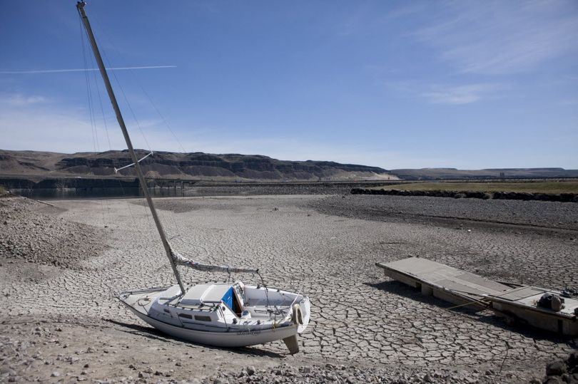 Near Vantage, Wash., vast areas of the Columbia River reservoir behind Wanapum Dam are dewatered as repairs are worked out for a crack in the dam discovered in February 2014. (Tyler Tjomsland)