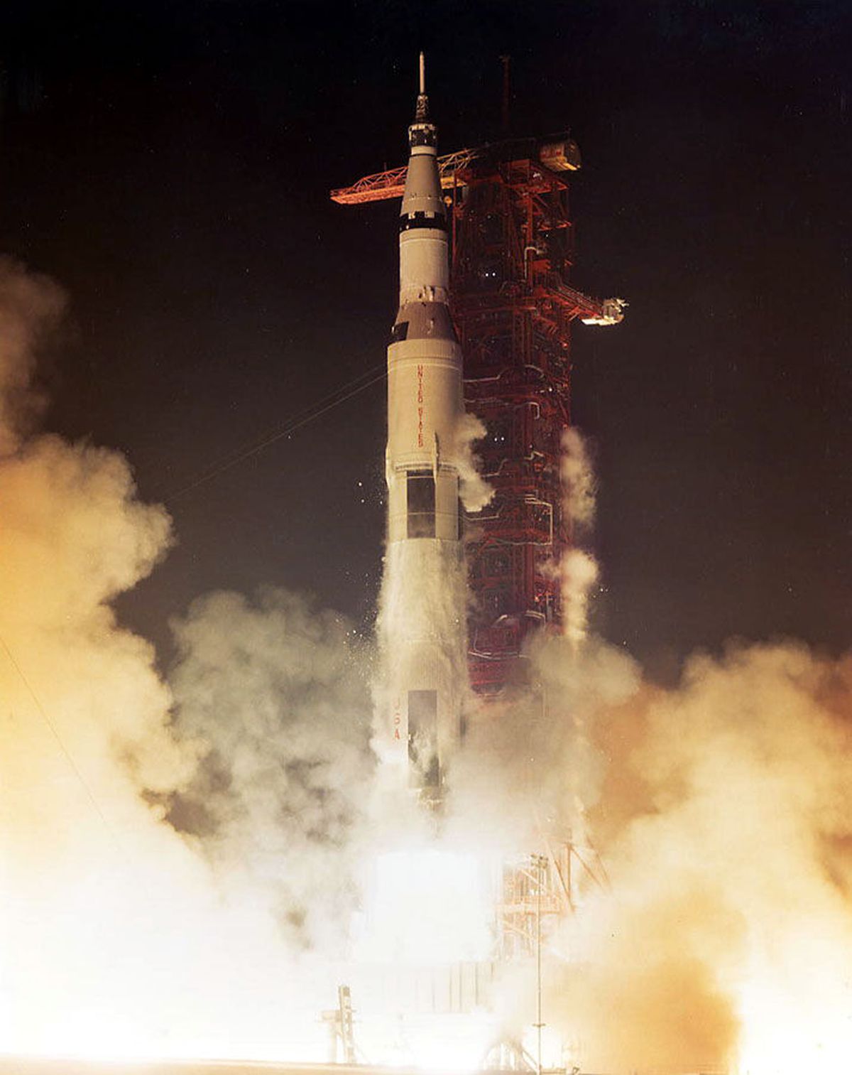 Apollo 17 launches on Dec. 7, 1972. Apollo 17 was the only Apollo mission that launched at night.  (NASA)