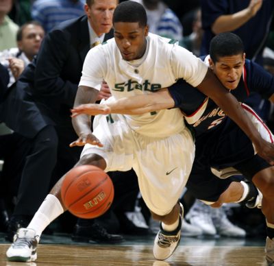 Michigan State's Korie Lucious, left, and Gonzaga's G.J. Vilarino chase the ball during the first half of an NCAA college basketball game Tuesday, Nov. 17, 2009, in East Lansing, Mich. Michigan State won 75-71. (Al Goldis / Fr11125 Ap)