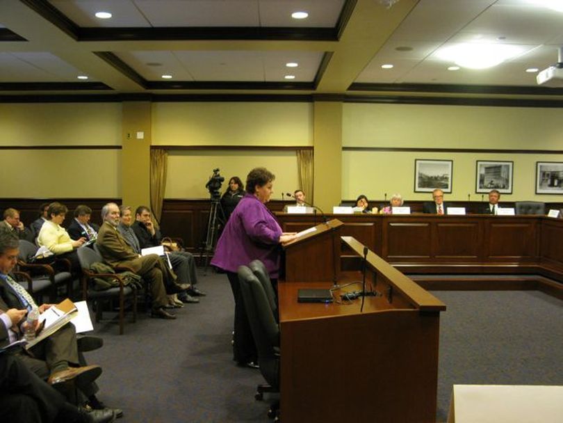 Sherri Wood, president of the Idaho Education Association, speaks against SB 1184, the school reform bill, at the House Education Committee on Tuesday morning. (Betsy Russell)