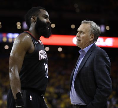 Houston Rockets’ James Harden, left, speaks with coach Mike D’Antoni during the second half of Game 5 of a second-round NBA basketball playoff series against the Golden State Warriors Wednesday, May 8, 2019, in Oakland, Calif. (Ben Margot / Associated Press)