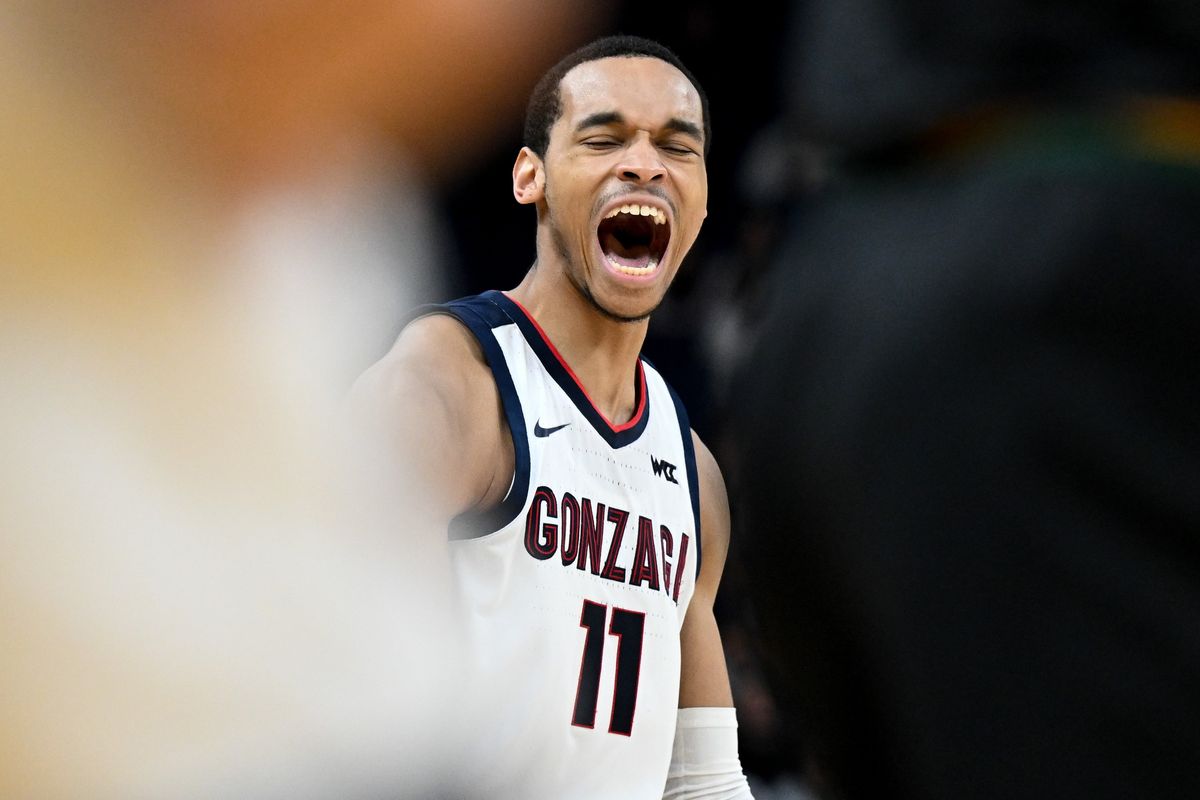 Gonzaga Bulldogs guard Nolan Hickman (11) celebrates after hitting a three against the San Francisco Dons during the second half of a college basketball game on Thursday, Feb. 29, 2024, at the Chase Center in San Francisco, Calif. Gonzaga won the game 86-68.  (Tyler Tjomsland/The Spokesman-Review)