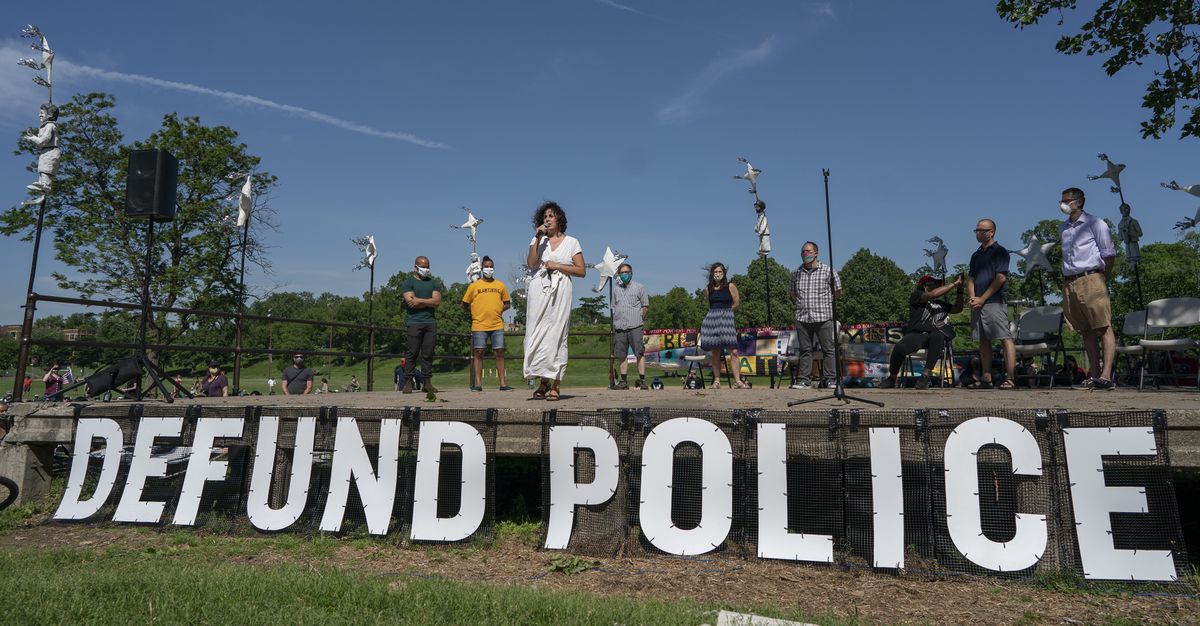 FILE - In this June 7, 2020, file photo, Alondra Cano, a City Council member, speaks during "The Path Forward" meeting at Powderhorn Park on Sunday, June 7, 2020, in Minneapolis. On Wednesday, Dec. 8, 2020, the Minneapolis City Council will decide whether to shrink the city