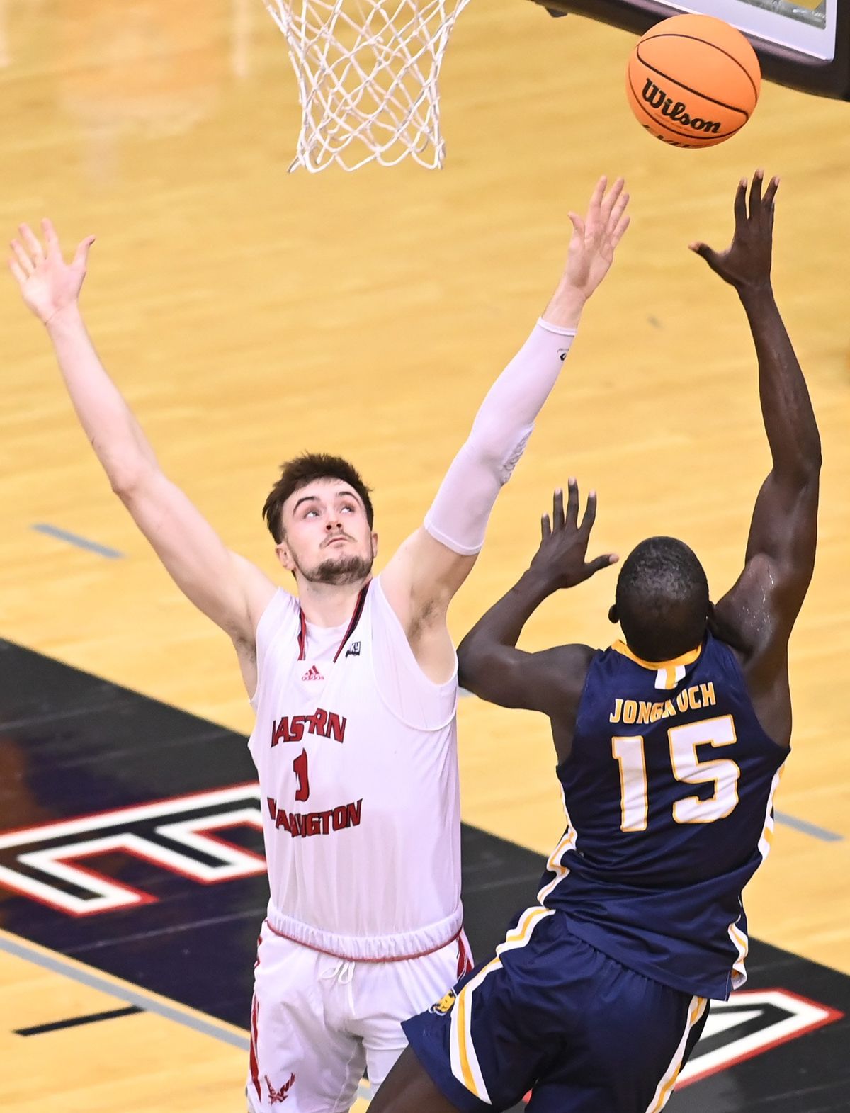 Eastern’s Ethan Price guards Kur Jongkuch of Northern Colorado in a Big Sky game on Jan. 22.  (Tyler Tjomsland/The Spokesman-Review)