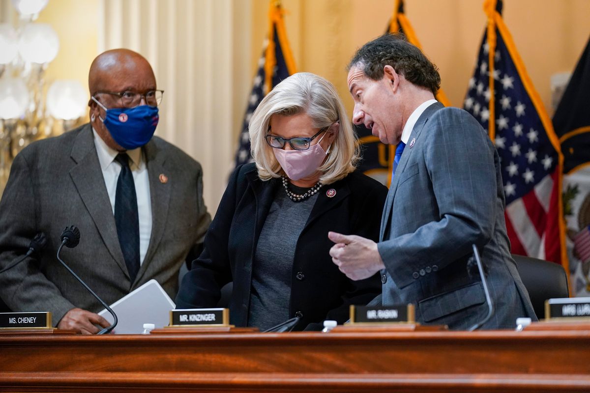 From left, Chairman Bennie Thompson, D-Miss., Vice Chair Liz Cheney, R-Wyo., and Rep. Jamie Raskin, D-Md., finish meeting as the House panel investigating the Jan. 6 U.S. Capitol insurrection voted to pursue contempt charges against Jeffrey Clark, a former Justice Department lawyer who aligned with former President Donald Trump as Trump tried to overturn his election defeat, at the Capitol in Washington, Wednesday, Dec. 1, 2021.  (J. Scott Applewhite)