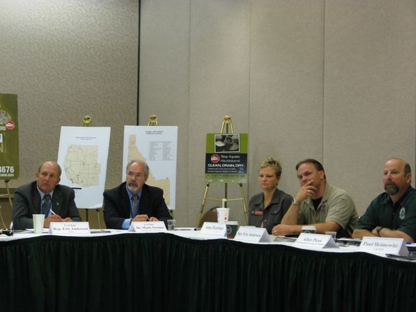 At a session on invasive species at the Pacific Northwest Regional Economic Region conference in Boise, Idaho Rep. Eric Anderson, R-Priest Lake, is at left, and Washington Department of Fish and Wildlife Sgt. Eric Anderson, no relation, is second from right.  (Betsy Russell / The Spokesman-Review)
