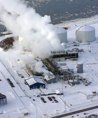 This file aerial photo shows a liquefied natural gas plant operated in Nikiski, Alaska, by ConocoPhillips and Marathon Oil Corp. (Associated Press)