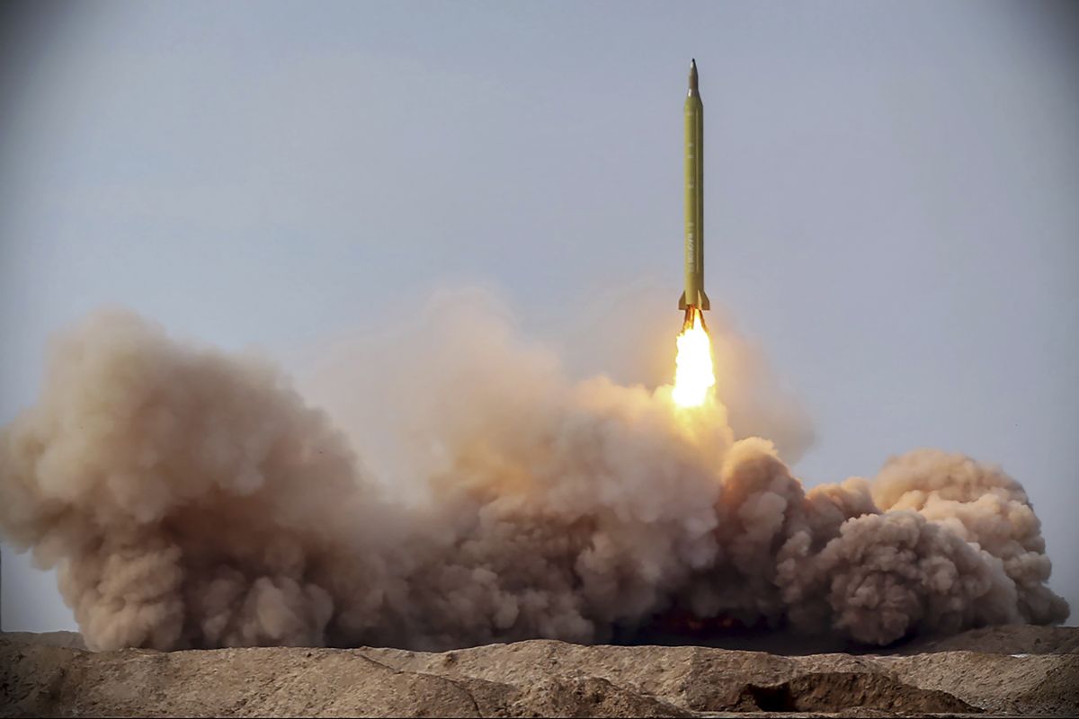 In this photo released on Saturday, Jan. 16, 2021, by the Iranian Revolutionary Guard, a missile is launched in a drill in Iran. Iran’s paramilitary Revolutionary Guard conducted a drill Saturday launching anti-warship ballistic missiles at a simulated target in the Indian Ocean, state television reported, amid heightened tensions over Tehran’s nuclear program and a U.S. pressure campaign against the Islamic Republic.  (HOGP)