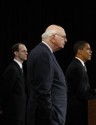 President-elect Barack Obama stands with his picks for the economic advisory board, former Federal Reserve Chairman Paul Volcker, center, and  Austan Goolsbee at a news conference in Chicago on Wednesday.  (Associated Press / The Spokesman-Review)