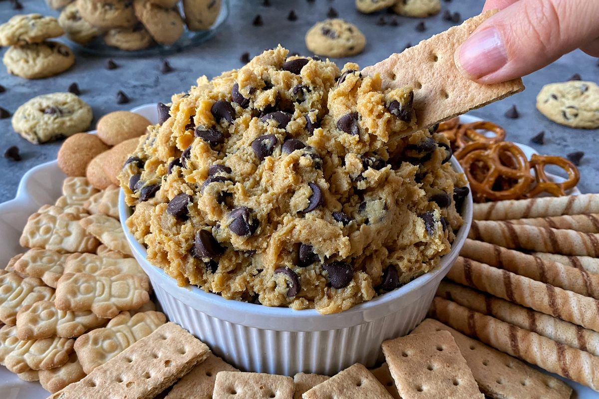 This chocolate chip cookie dough dip can be served with graham crackers, pretzels, sugar cookies and more.  (Audrey Alfaro/For The Spokesman-Review)