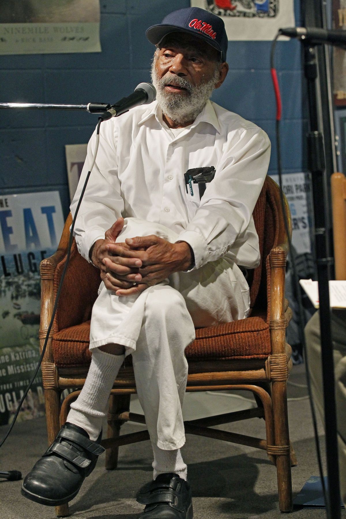 In this Aug. 14, 2012 photograph, James Meredith, the first black student to integrate the University of Mississippi in 1962 speaks about his latest book at a Jackson, Miss., book store. The book outlines his impression of race relations, integration and the statue the university erected to commemorate his integration of the liberal arts school. (Rogelio Solis / Associated Press)