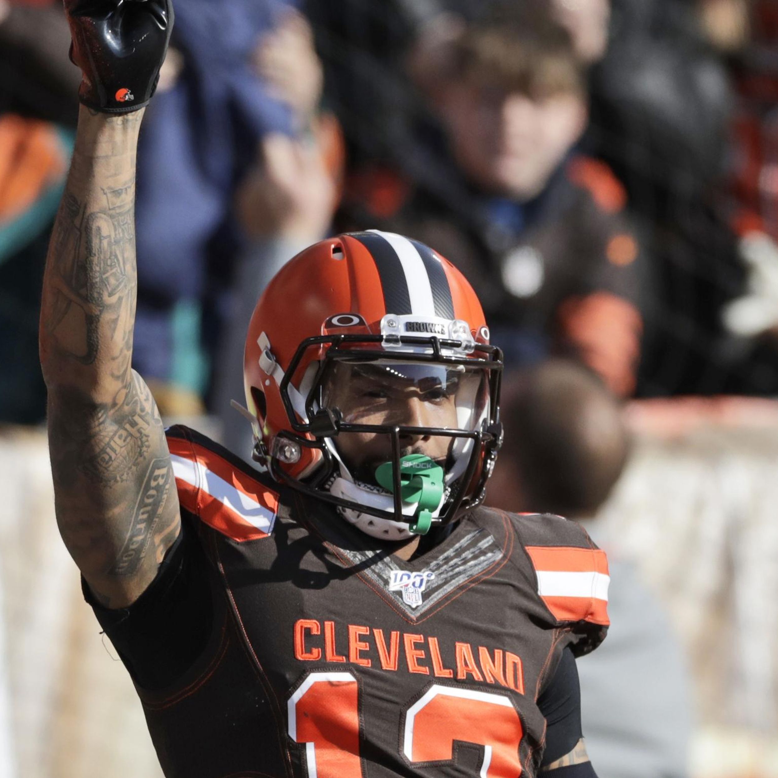 A closeup view of helmet sticker on a Cleveland Browns helmet to News  Photo - Getty Images