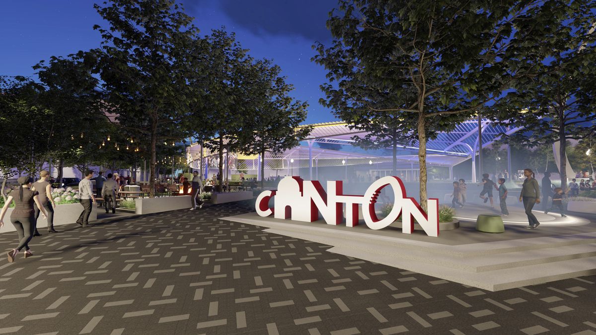 This rendering provided by MKSK shows the design planned for the NFL dedicated Centennial Plaza in downtown Canton, Ohio. Centennial Plaza, developed with the help of $12 million in funding from the citizens and businesses of Canton, will occupy a two-acre city block formerly known as Market Square.  (HONS)