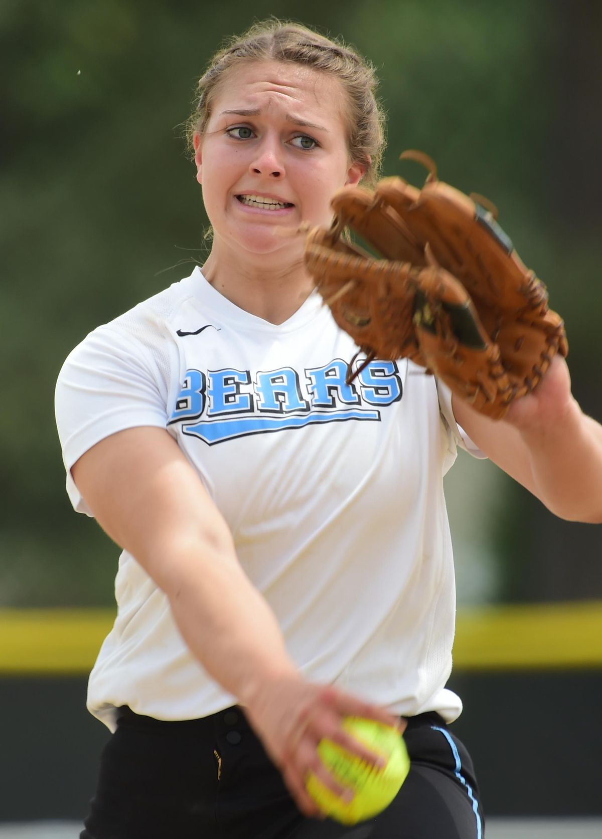 Central Valley Bears pitcher Kelsey Gumm goes into her windup against a batter from Eastmont in the Bears’ first game Friday, May 25, 2018 in the 4A division of the WIAA state softball tournament at Dwight Merkel Sports Complex. (Jesse Tinsley / The Spokesman-Review)