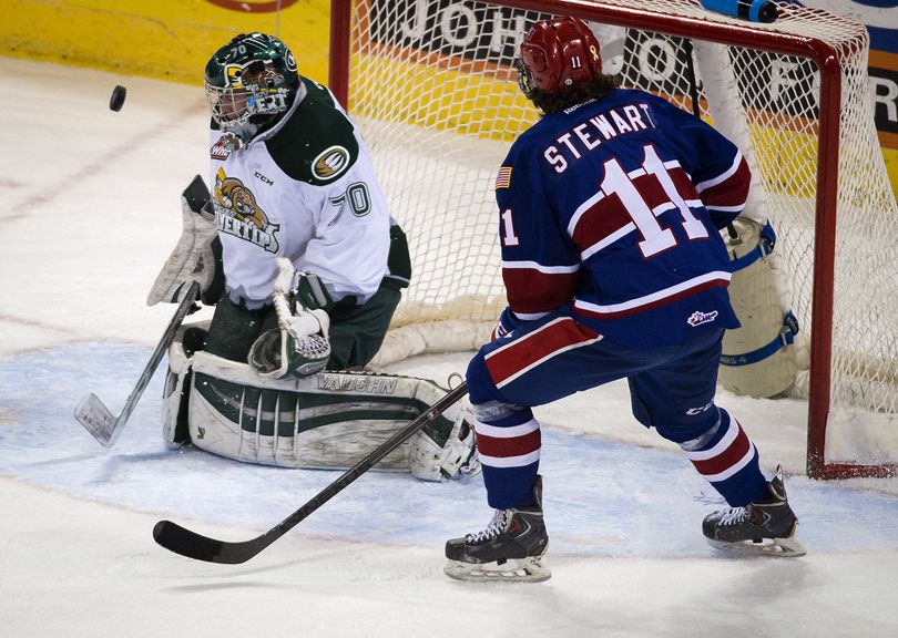 Everett Silvertips goalie Carter Hart (70) deflect a shot during the first period of game 4 of a WHL hockey first round playoff game at the Spokane Arena, Wed., April 1, 2015, in Spokane, Wash. (Colin Mulvany / The Spokesman-Review)