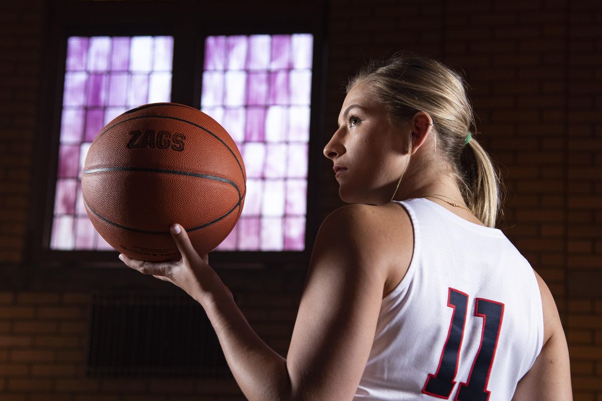 Laura Stockton, point guard and senior co-captain, here in the Hutton Settlement auditorium, returns for her fourth and final year at Gonzaga. (Colin Mulvany / The Spokesman-Review)