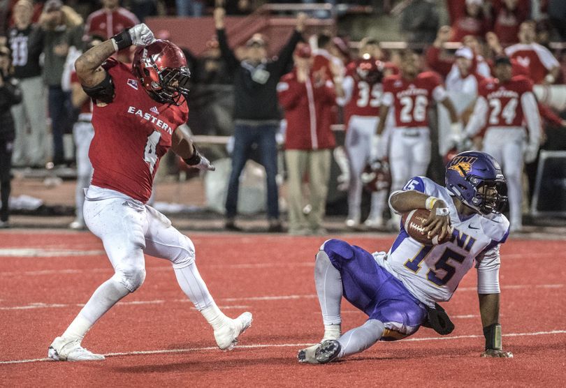 Eastern Washingtons Miiquyah Zamora celebrates his sack on Northern Iowa QB Aaron Bailey in the fourth quarter of Saturday’s game at Roos Field. Zamora recorded 14 tackles against Northern Iowa and was named the co-defensive Big Sky player of the week. (Dan Pelle / The Spokesman-Review)