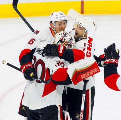 Ottawa Senators celebrate NHL playoff berth on Saturday. (Associated Press)