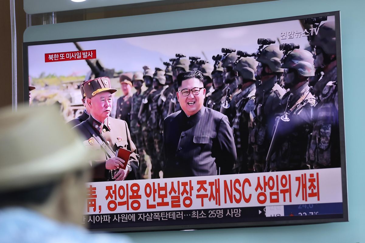 In this Saturday, Aug. 26, 2017, photo, a man watches a screen showing an image of North Korean leader Kim Jong Un, at the Seoul Train Station in Seoul, South Korea. (Lee Jin-man / Associated Press)