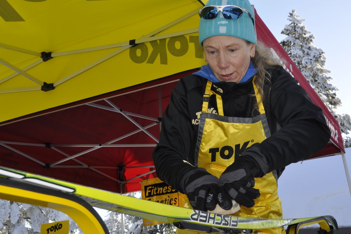 Waxing technicians from Toko and Fitness Fanatics helped skiers get the right combo of binder and kick waxes for the 35th annual Spokane Langlauf 10-kilometer cross-country ski race at Mount Spokane State Park on Feb. 10, 2013.  (Rich Landers)