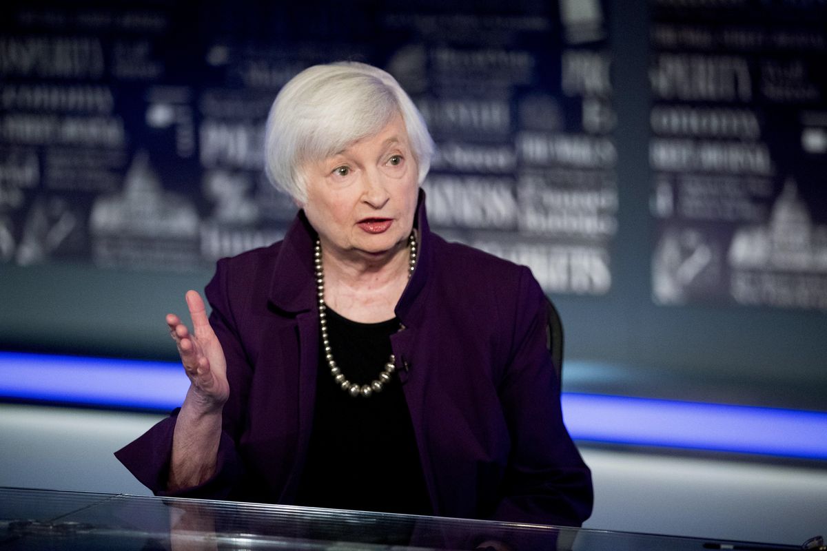 FILE – In this Aug. 14, 2019, file photo former Fed Chair Janet Yellen speaks with FOX Business Network guest anchor Jon Hilsenrath in the Fox Washington bureau in Washington.  (Andrew Harnik)