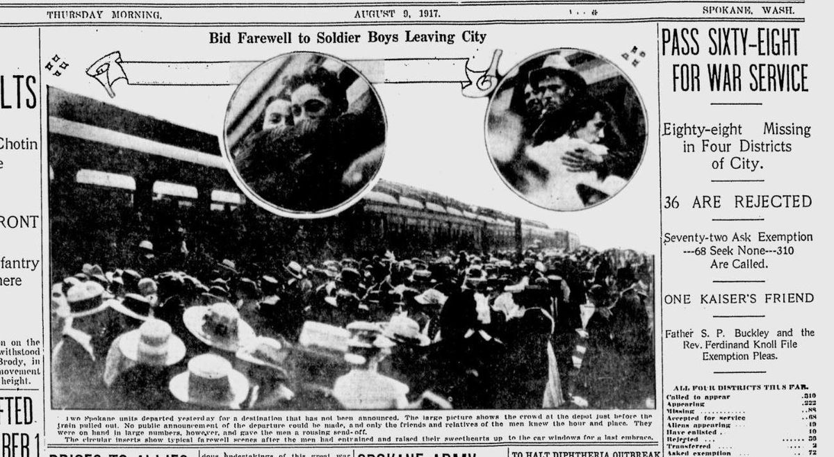 A “serious, silent crowd” bade a somber farewell to two Spokane army units, headed off to Europe to fight in World War I, The Spokesman-Review reported on Aug. 9, 1917. (Spokesman-Review archives)