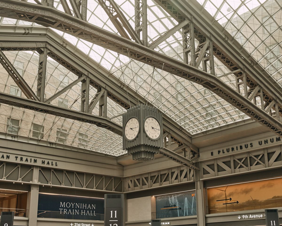 The Moynihan Train Hall, which was built in a renovated Beaux-Arts building and opened in January, occupies what was once a post office mail-sorting room on Eighth Avenue.  (Zack DeZon/For the Washington Post)
