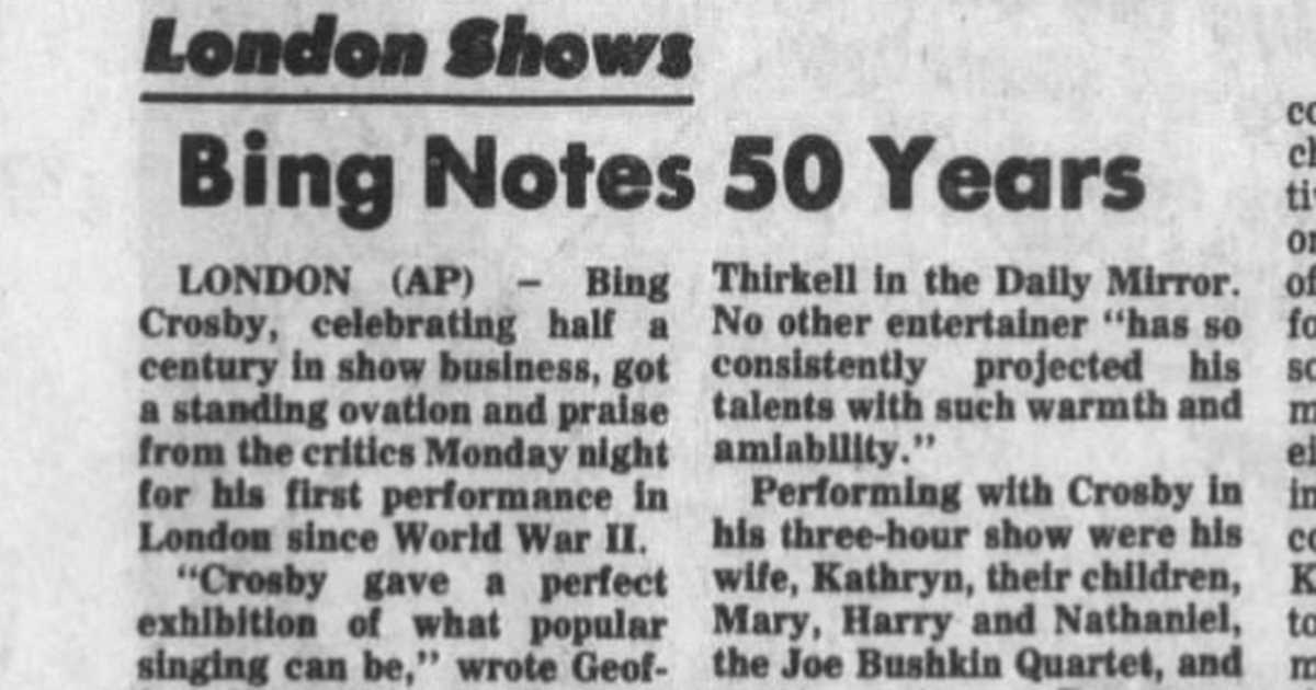 This day in history: Bing Crosby celebrated 50 years in showbiz. Lawman vowed to land Raffles the thief in the hoosegow